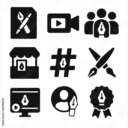 Calligraphy Icon Set. Solid, filled icons set of calligraphy community and events: workshop flyer, live demo,