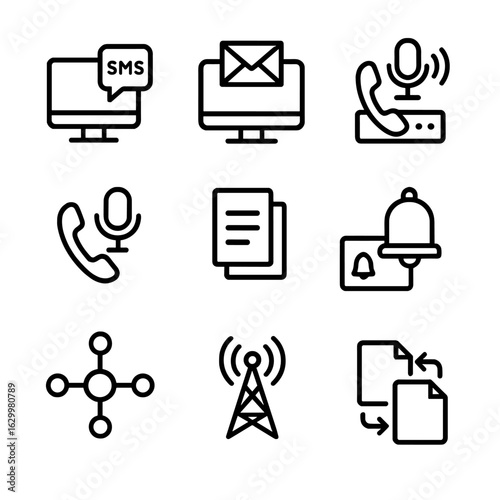 Communication Gateway Icons. Outline icon set of communication gateways: SMS gateway, email gateway, voice gateway, VoIP gateway,