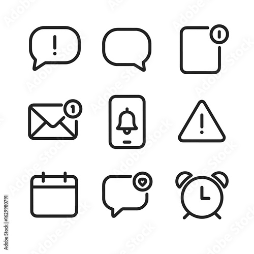 Blip Notification Icons. Outline icon set of blip notifications: message alert, chat ping, app notification, email blip, phone