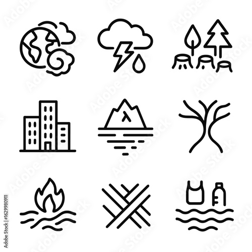 Earth Observation Icons Set. Outline icon set of earth observation: weather pattern, storm system, deforestation, urban sprawl,