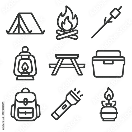 Camping Icon Set. Outline icon set of camping night activities: tent, campfire, marshmallow roasting stick,