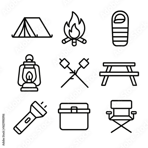 Camping Essentials Icons. Outline icon set of family camping night: tent, campfire, sleeping bag, lantern,