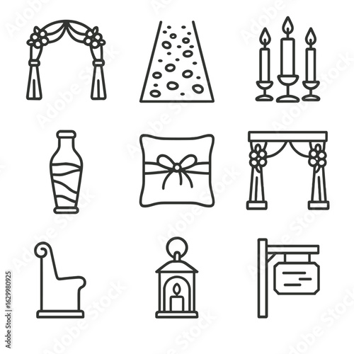 Ceremony Decor Icons. Outline icon set of ceremony decor elements: wedding arch, floral aisle runner, altar candles, unity sand