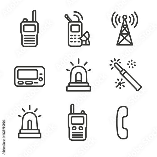 Communication Icons Grid. Outline icon set of communication transmitters: walkie-talkie, satellite phone, radio transmitter,