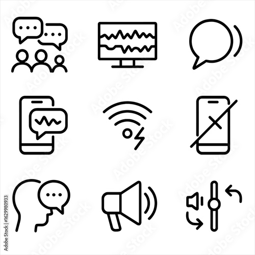 Communication Noise Icons. Outline icon set of noise in communication: background chatter, static, echo, distortion, interference,