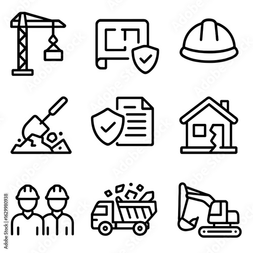 Earthquake Recovery Icons. Outline icon set of earthquake aftermath recovery: construction crane, blueprint, safety helmet, rubble