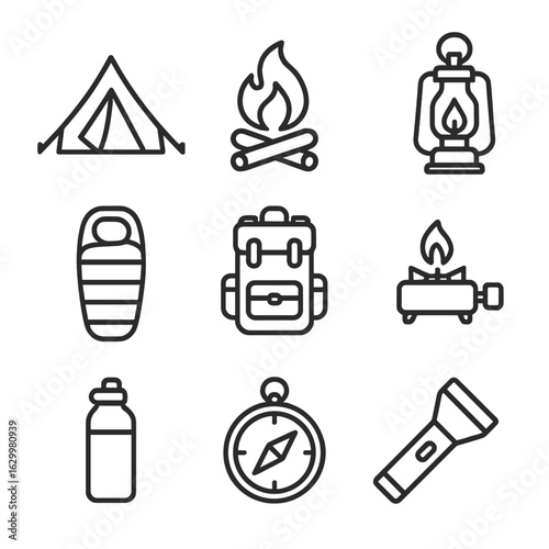 Camping Essentials Icons. Outline icon set of night camping essentials: tent, firepit, lantern, sleeping bag,