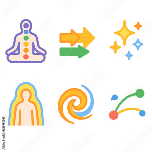 Chakra Energy Flow. Flat vector mini-illustrations of energy flow in colors children’s illustrations: chakra line up, arrows,