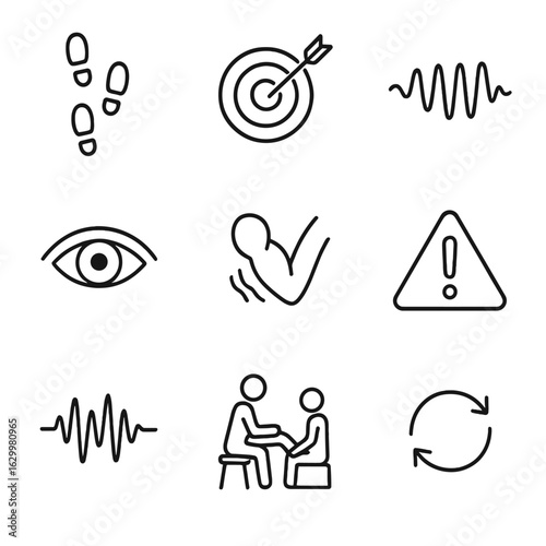 Cerebellar Signs Icons. Outline icon set of cerebellar clinical signs: ataxic gait footprint, dysmetria target and arrow,