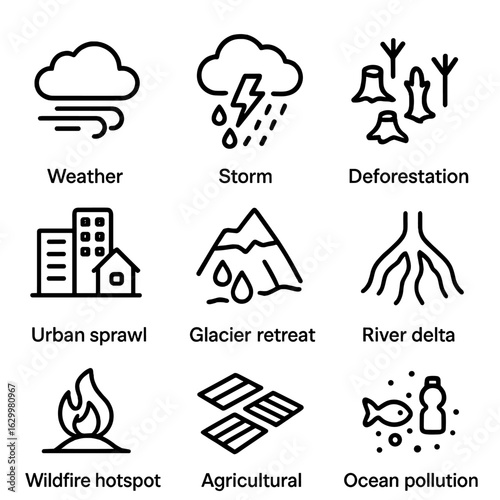 Earth Observation Icons Set. Outline icon set of earth observation: weather pattern, storm system, deforestation, urban sprawl,