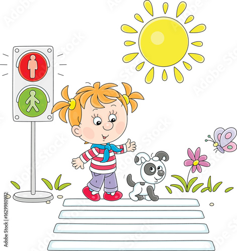 Funny little girl with her cheerful puppy waiting for green traffic light at a pedestrian crossing of a town street on a sunny summer day, vector cartoon illustration