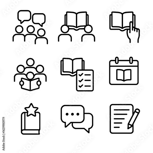 Book Club Icon Set. Outline icon set of book club: discussion group, shared book, book suggestion, group reading, reading log,