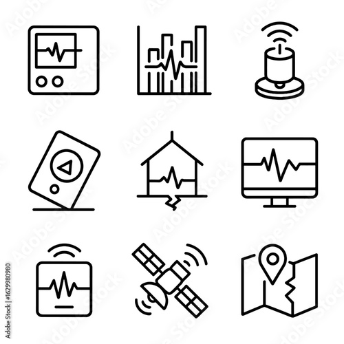 Earthquake Monitoring Icons. Outline icon set of earthquake measurement and monitoring: seismograph, Richter scale, GPS sensor,