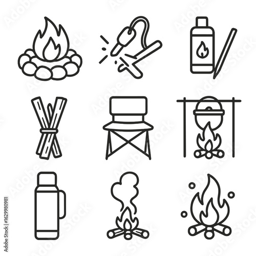 Camping Fire Essentials Icons. Outline icon set of camping fire essentials: campfire ring, flint and steel,