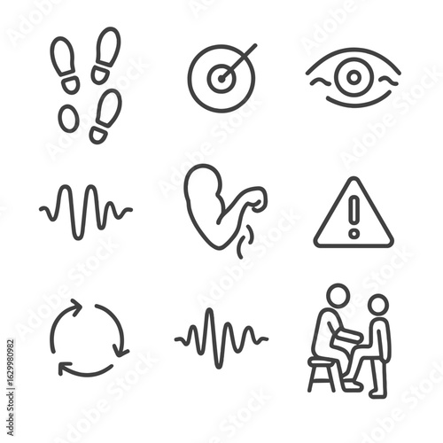 Cerebellar Signs Icons. Outline icon set of cerebellar clinical signs: ataxic gait footprint, dysmetria target and arrow,