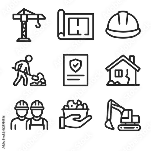 Earthquake Recovery Icons. Outline icon set of earthquake aftermath recovery: construction crane, blueprint, safety helmet, rubble