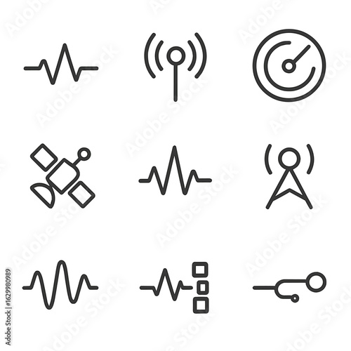 Communication Pulse Icons. Outline icon set of pulse in communication: signal pulse, broadcast wave, radar pulse, satellite