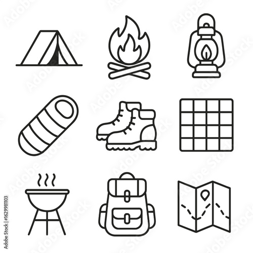 Camping Gear Icons. Outline icon set of outdoor camping night: tent, campfire, lantern, sleeping bag, hiking