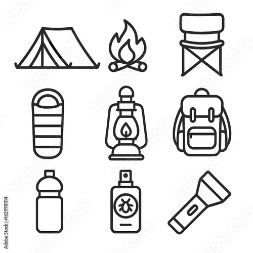 Camping Gear Icons. Outline icon set of camping night gear: tent, campfire, folding chair, sleeping bag,