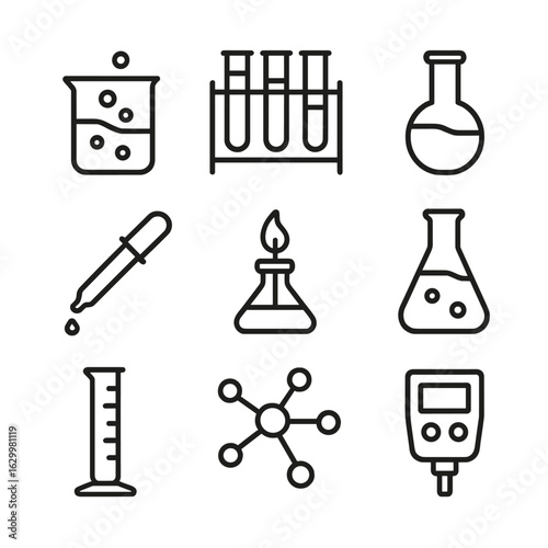 Chemical Lab Icons. Outline icon set of chemical analysis experiments: beaker with liquid, test tube rack, volumetric flask,