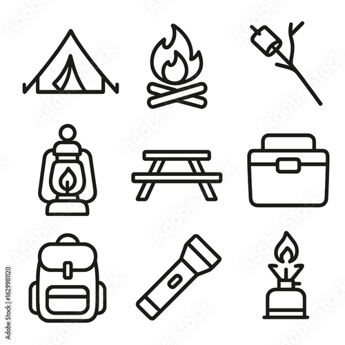 Camping Icon Set. Outline icon set of camping night activities: tent, campfire, marshmallow roasting stick,