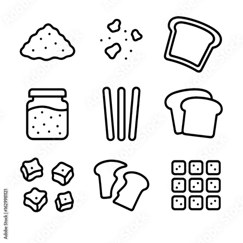 Bread Crumbs Icons. Outline icon set of bread crumbs and leftovers: bread crumb pile, toasted crumbs, bread crust, breadcrumbs jar
