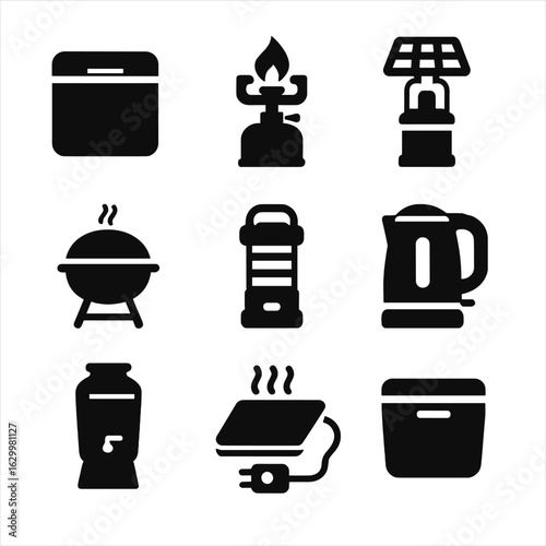 Camping Gear Icons. Solid, filled icons set of camping-ready appliances: portable fridge, propane stove, solar