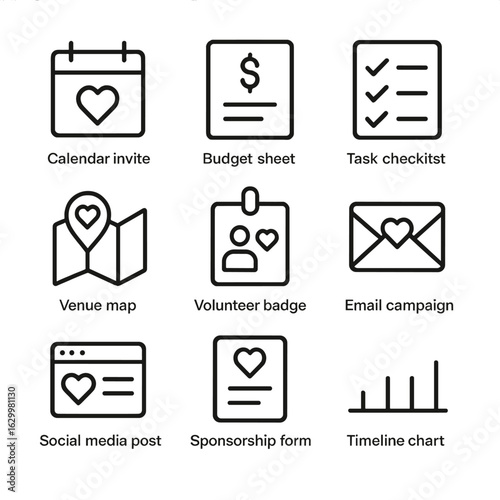 Charity Event Icon Set. Outline icon set of charity event planning: calendar invite, budget sheet, task checklist, venue map,