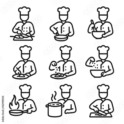 Chef Action Icons. Outline icon set of chef actions: slicing, flipping, stirring, plating, garnishing, seasoning, flambéing,
