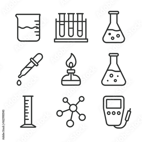 Chemical Lab Icons. Outline icon set of chemical analysis experiments: beaker with liquid, test tube rack, volumetric flask,