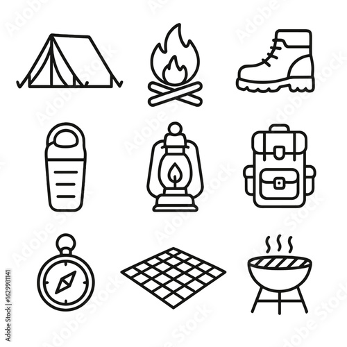 Camping Gear Icons. Outline icon set of outdoor camping gear: tent, campfire, hiking boots, sleeping bag,