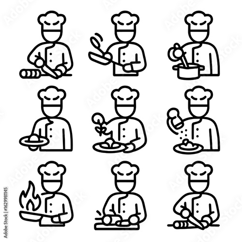 Chef Action Icons. Outline icon set of chef actions: slicing, flipping, stirring, plating, garnishing, seasoning, flambéing,