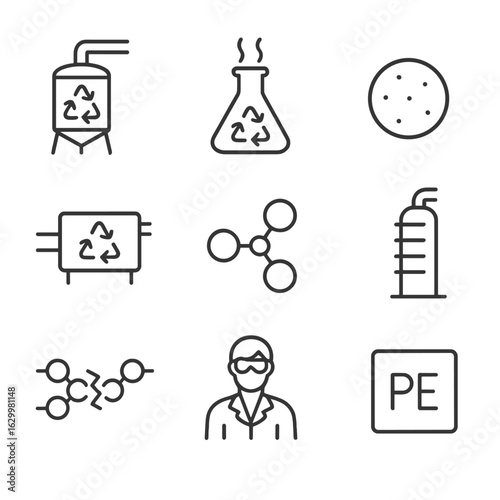 Chemical Recycling Icons. Outline icon set of chemical recycling processes: pyrolysis reactor, depolymerization flask, catalyst