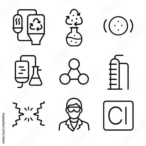 Chemical Recycling Icons. Outline icon set of chemical recycling processes: pyrolysis reactor, depolymerization flask, catalyst