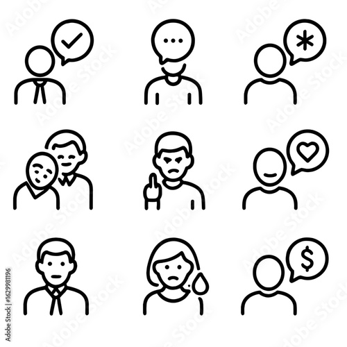 Communication Tone Icons. Outline icon set of tone in communication: formal, informal, respectful, rude, friendly, professional,