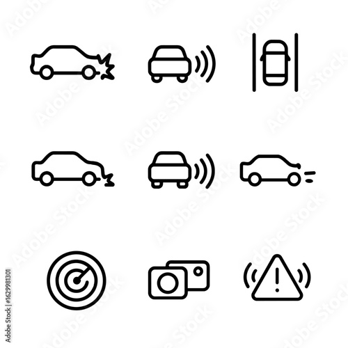 Collision Avoidance Icons. Outline icon set of collision avoidance technologies: autonomous braking, proximity sensors, lane
