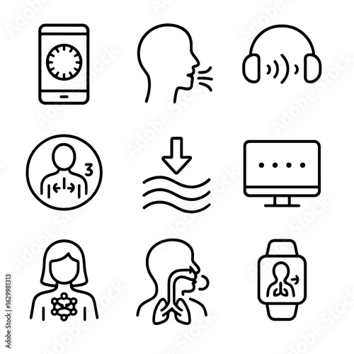 Breathing Icon Set. Outline icon set of guided breathing: app with breath tracker, voice prompt icon, headphone with waves, breath