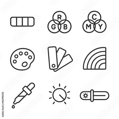 Color Spectrum Icons. Outline icon set of color spectrum: gradient bar, RGB, CMYK, color palette, paint swatches, spectrum bands,