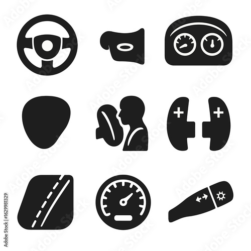 Car Controls Icons. Solid, filled icons set of Close-up of car controls: steering wheel, horn button,