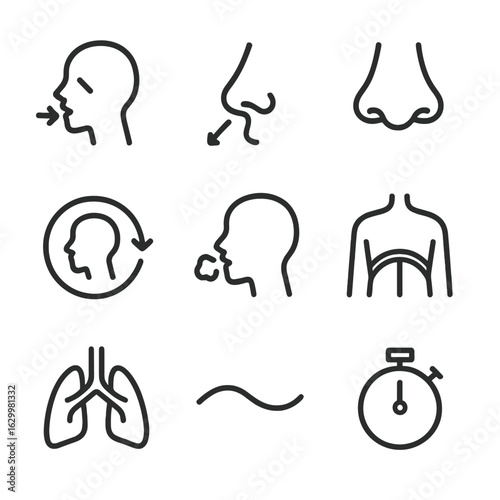 Breathing Technique Icons. Outline icon set of breathing techniques: inhale arrow, exhale arrow, nose icon, breath cycle, breath