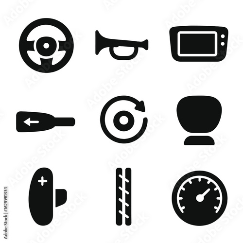Car Controls Icons. Solid, filled icons set of Close-up of car controls: steering wheel, horn button,