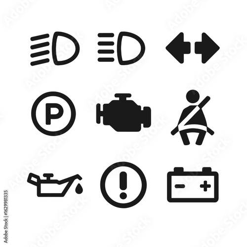 Car Dashboard Icons. Solid, filled icons set of Driving dashboard icons: headlight on, high beam, turn signals