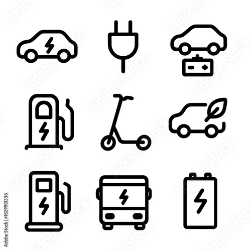 Electric Vehicle Icons. Outline icon set of electric vehicles power: electric car, charging plug, battery swap, supercharger,