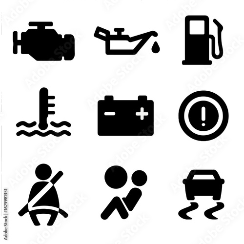 Car Dashboard Icons. Solid, filled icons set of Car dashboard status symbols: engine warning, oil level, fuel