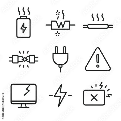Electronic Malfunction Icons. Outline icon set of overload in electronics: battery overheating, circuit overload, wire overheating