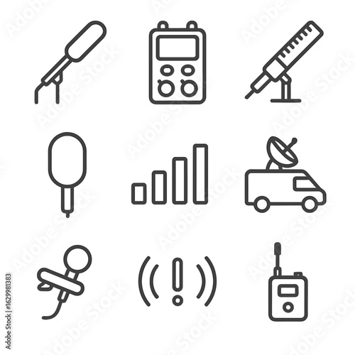 Broadcast Audio Icons. Outline icon set of broadcast audio: boom mic, field recorder, shotgun mic, windscreen, audio level bar,
