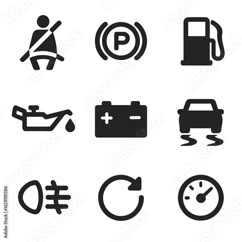 Car Dashboard Indicators. Solid, filled icons set of Car control panel indicators: seat belt reminder,