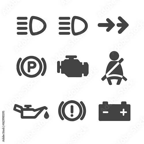 Car Dashboard Icons. Solid, filled icons set of Driving dashboard icons: headlight on, high beam, turn signals
