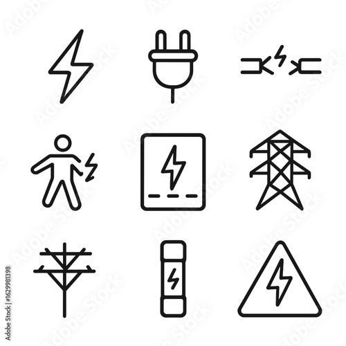 Electrical Danger Icons. Outline icon set of electrical dangers: lightning bolt, electrical plug, broken wire, circuit overload,