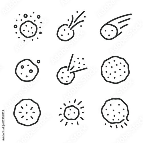 Comet Dust Icons. Outline icon set of dust in comets and asteroids: dusty coma, ejecta plume, dust tail, nucleus with specks,